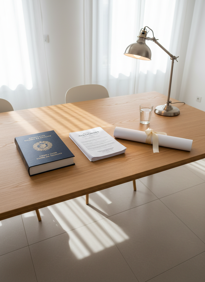 A bright, minimalist meeting space featuring a central rectangular light oak table, on which a thick, embossed civil code book, a stack of printed auction notices, and a crisp, rolled property blueprint secured with a silk ribbon are carefully arranged. A transparent glass of water and a brushed steel desk lamp with a warm, indirect glow add subtle detail. Natural daylight filters through sheer white curtains, creating a soft, bright ambiance and faint linear shadows on the table. Captured from a slightly elevated angle using the rule of thirds, with the focus on the legal book and blueprints. The mood is calm, organized, and supportive, illustrating initial advisory sessions for real estate remates in a modern, realistic photographic style.