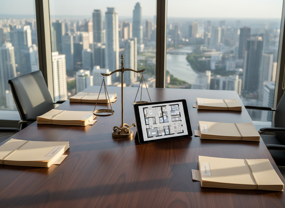 A sleek, contemporary conference table made of dark walnut wood with a satin finish, covered with neatly arranged legal folders, a polished metallic scale of justice centerpiece, and a glossy tablet displaying a clear floor plan of an apartment. The table stands in a high-rise office with panoramic windows overlooking an urban skyline. Late afternoon natural light pours in, reflecting subtly on glass and metal surfaces and casting gentle, orderly shadows. Shot at eye level with a slight diagonal perspective, the background softly blurred to keep focus on the documents and technology. The mood is professional, trustworthy, and methodical, with photographic realism and a clean, modern aesthetic that conveys serious, organized real estate legal consulting.