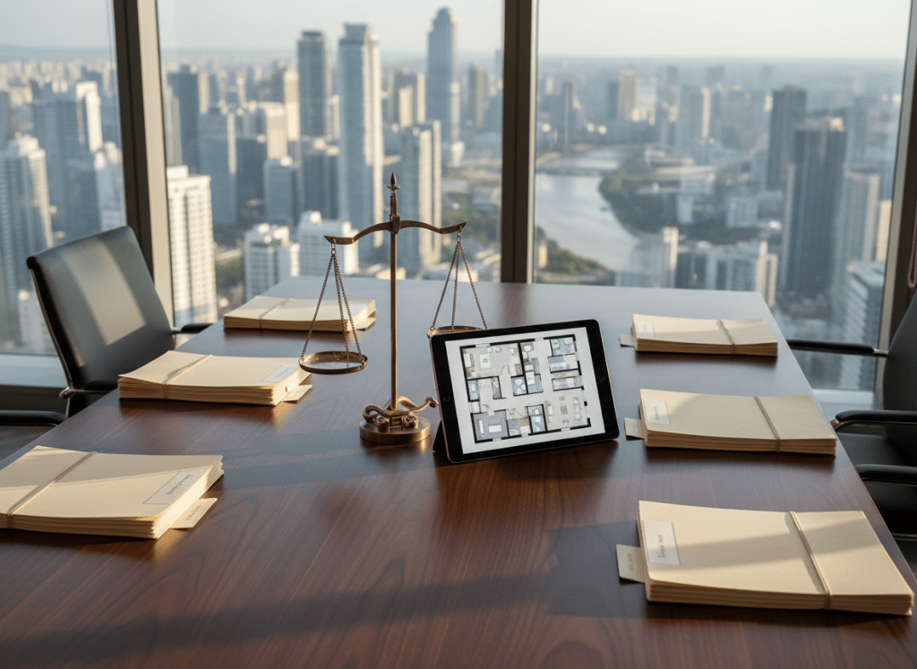 A sleek, contemporary conference table made of dark walnut wood with a satin finish, covered with neatly arranged legal folders, a polished metallic scale of justice centerpiece, and a glossy tablet displaying a clear floor plan of an apartment. The table stands in a high-rise office with panoramic windows overlooking an urban skyline. Late afternoon natural light pours in, reflecting subtly on glass and metal surfaces and casting gentle, orderly shadows. Shot at eye level with a slight diagonal perspective, the background softly blurred to keep focus on the documents and technology. The mood is professional, trustworthy, and methodical, with photographic realism and a clean, modern aesthetic that conveys serious, organized real estate legal consulting.
