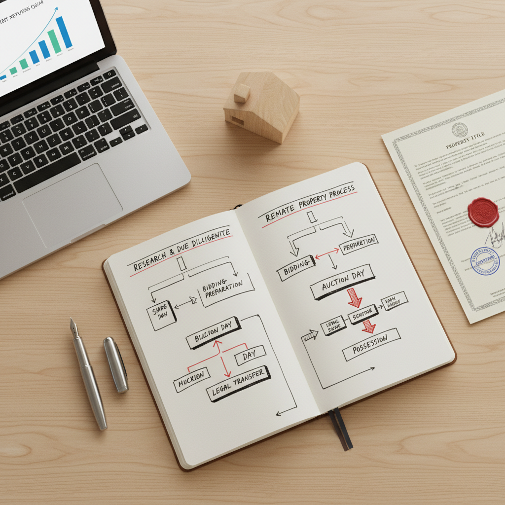 A detailed aerial-view composition of a tidy desktop featuring an open hardcover notebook with hand-drawn real estate auction timelines and arrows, beside a metallic fountain pen, a stamped property title document, and a small wooden house model with smooth edges and a matte finish. A laptop with a minimalist bar chart about investment returns glows softly to one side. Diffused daylight from an unseen window creates an even, soft illumination with subtle shadows around objects. The scene is photographed from directly above, sharp focus throughout, conveying clarity and structure. The atmosphere is calm, analytical, and reassuring, aligned with professional legal and real estate guidance for remate property purchases in a realistic, modern photographic style.