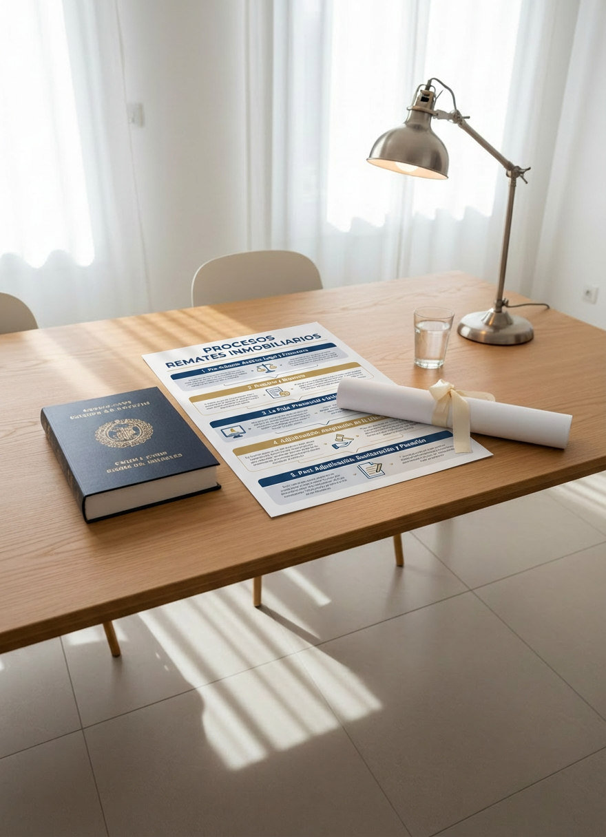 Guide to real estate auction procedures Infographic titled 'PROCESOS REMATES INMOBILIARIOS' showing auction steps on a modern desk.
