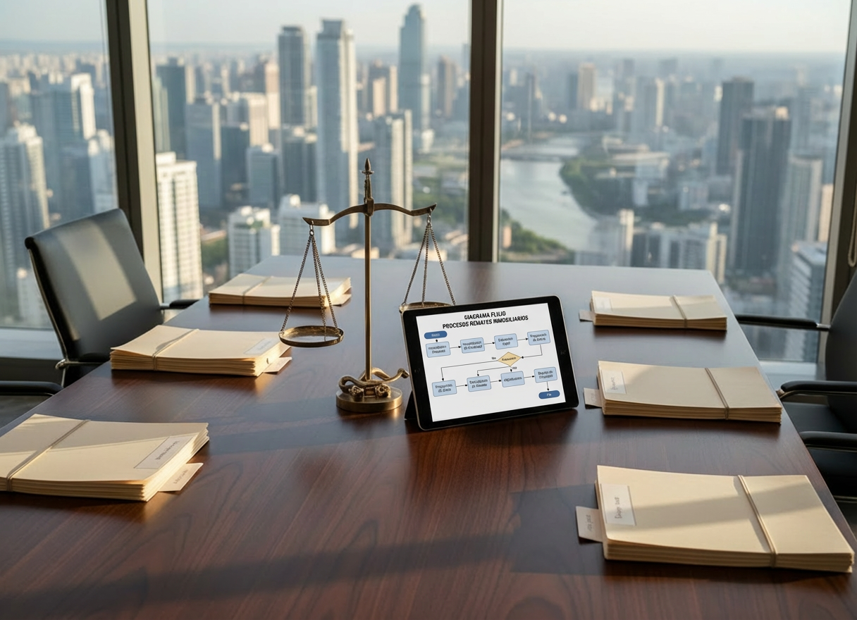 remates inmobiliarios A sleek, contemporary conference table made of dark walnut wood with a satin finish, covered with neatly arranged legal folders, a polished metallic scale of justice centerpiece, and a glossy tablet displaying a clear floor plan of an apartment. The table stands in a high-rise office with panoramic windows overlooking an urban skyline. Late afternoon natural light pours in, reflecting subtly on glass and metal surfaces and casting gentle, orderly shadows. Shot at eye level with a slight diagonal perspective, the background softly blurred to keep focus on the documents and technology. The mood is professional, trustworthy, and methodical, with photographic realism and a clean, modern aesthetic that conveys serious, organized real estate legal consulting.