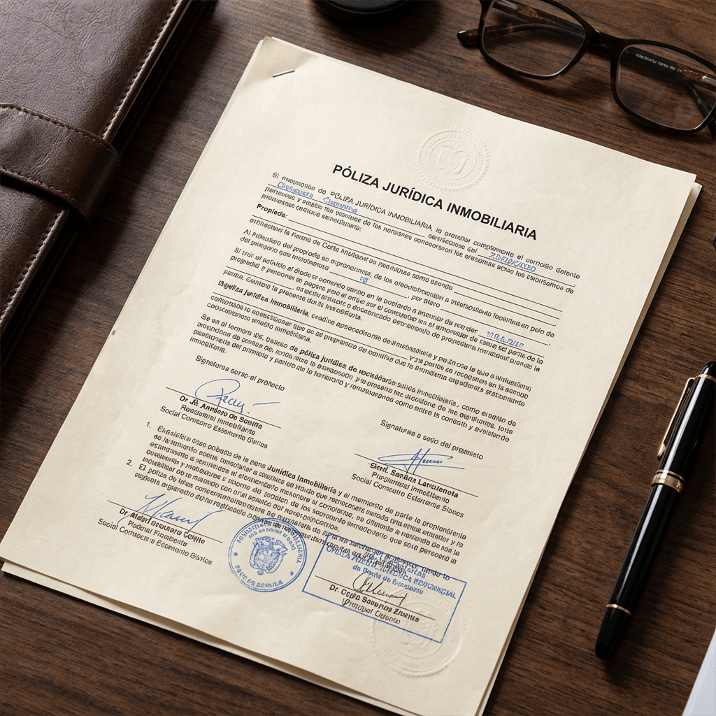 Legal document titled PÓLIZA JURÍDICA INMOBILIARIA with signatures and official stamps on a desk.
