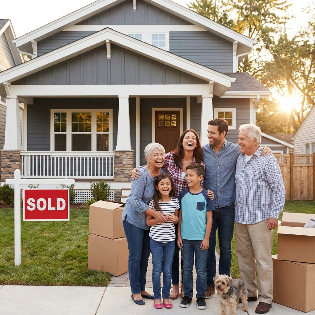 A multi-generational family stands happily in front of their new home with a sold sign.